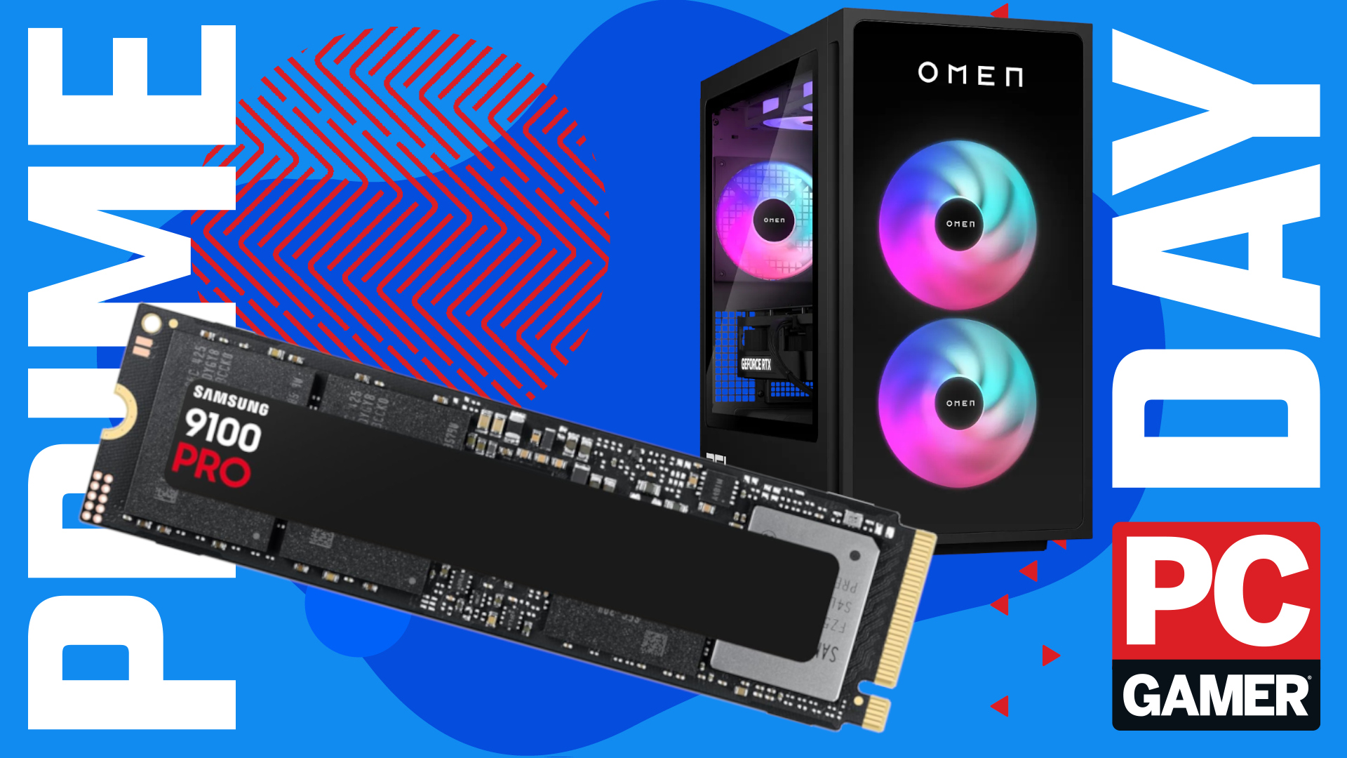 Samsung SSD and HP PC on a Prime Day banner with PC Gamer logo. 