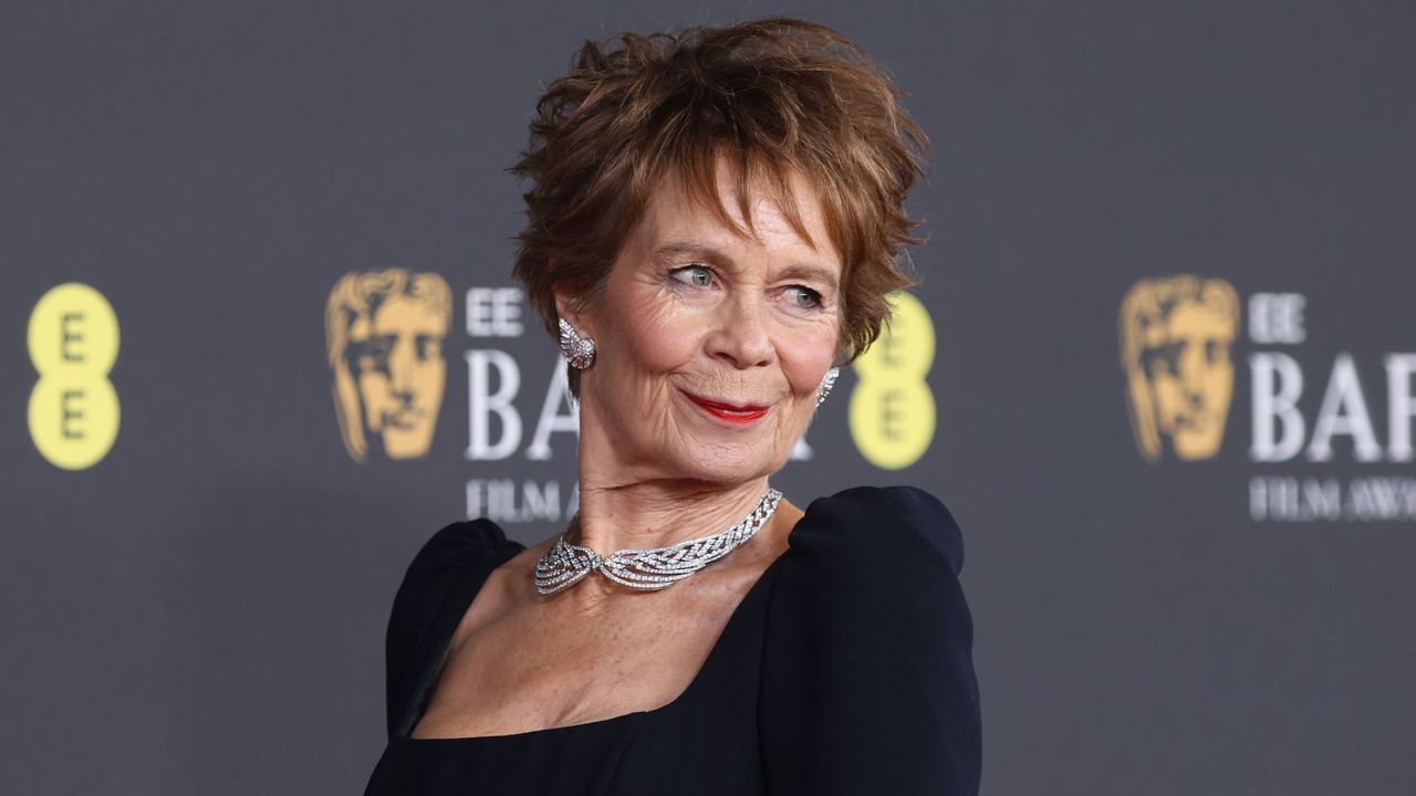 Celia Imrie attends the 2025 BAFTA Film Awards, wearing a black dress and silver necklace