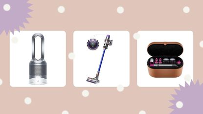 three of the products recommended to look out for in the Dyson Black Friday sale on an pink backgound with festive decoration