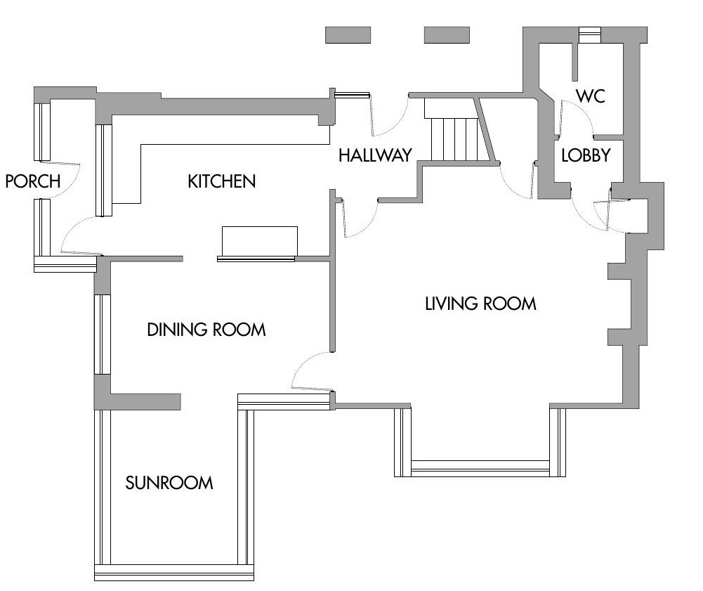 A floor plan of a ground floor layout featuring a porch, kitchen, dining room, living room, sunroom, hallway, lobby, and a WC.