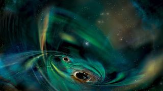 two black holes in space are surrounded by swirling gases the color of a peacock's tail feathers.