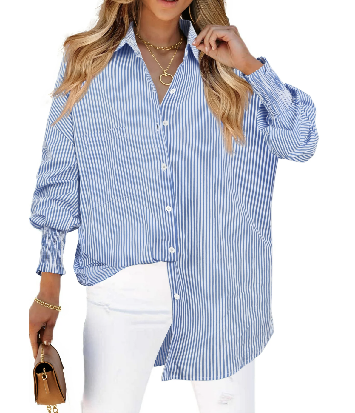 Fantaslook, Fantaslook Striped Button Down Shirts for Women Smocked Cuffed Trendy Blouse Causal Long Sleeve Tops With Pocket
