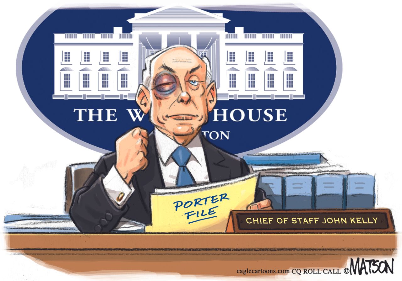 Political cartoon U.S. John Kelly cover-up for Rob Porter domestic abuse