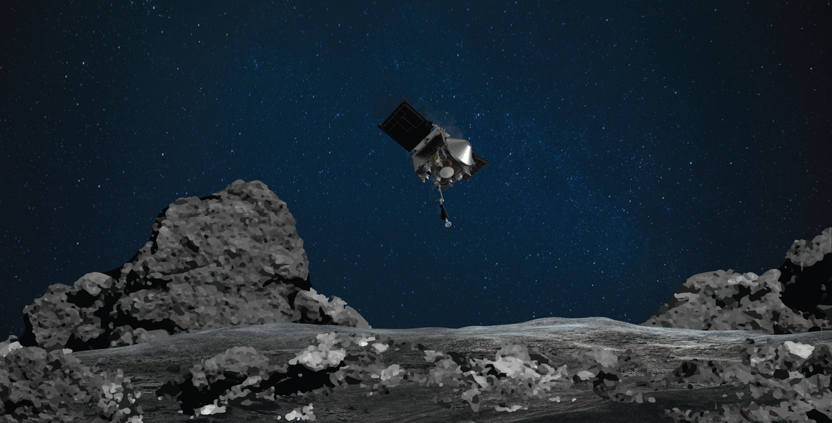 An artist&#039;s depiction of NASA&#039;s OSIRIS-REx spacecraft approaching asteroid Bennu for its sampling attempt.