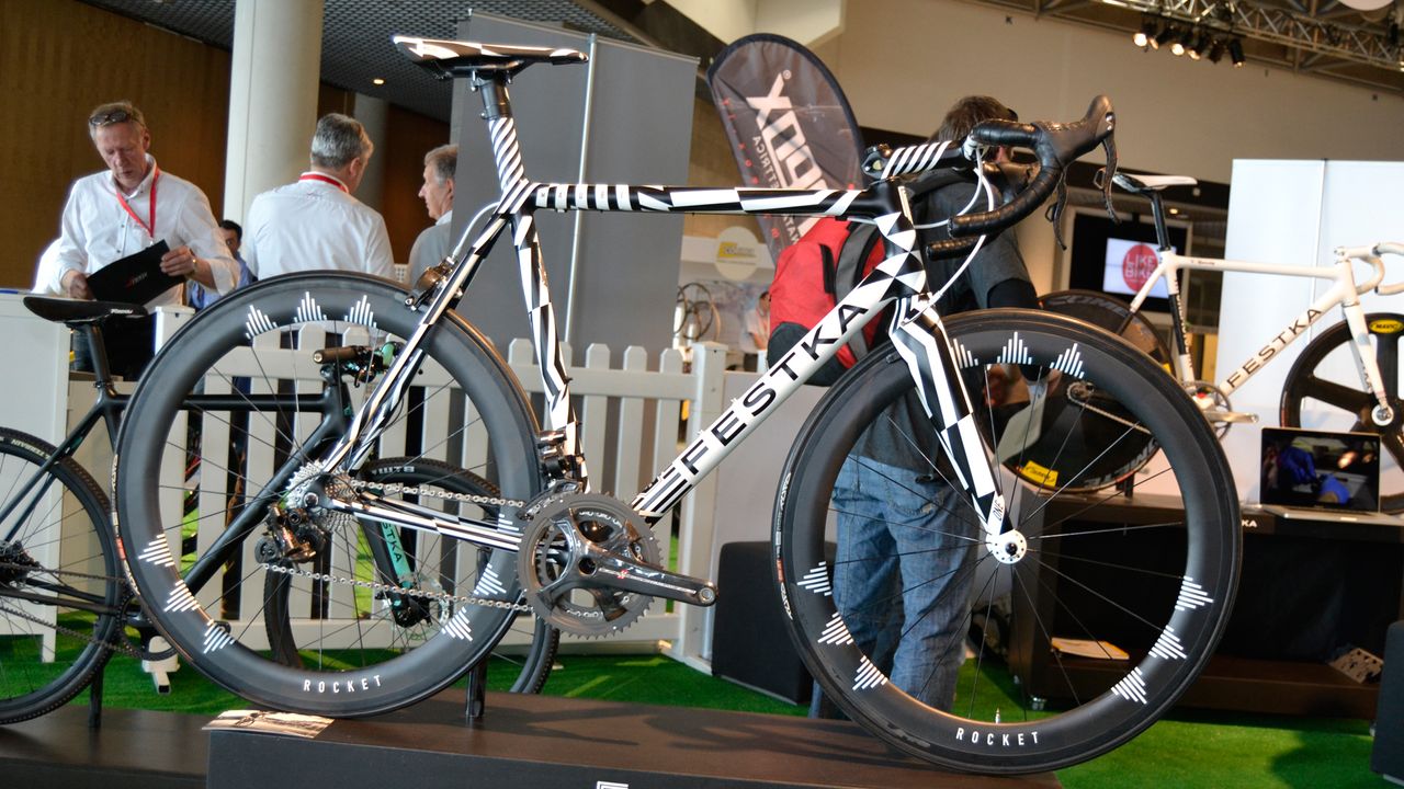 Festka is from the Czech Republic and one of the most interesting and engineering-driven young brands we've met in some time. This is the Festka One LT, the superlight range-topping race bike alongside the One RS which prioritises stiffness. This LT weighs a claimed 5.4kg and would cost &pound;10,000 if you ordered one in the same spec. The frame is 700g in size M and the fork is under 300g, giving a sub-kilo frameset. It's available in 24 stock sizes or full custom. This is the personal bike of the company founder, former pro Michael Mourecek. After he retired he didn't ride for four years, then his family got together and said they wanted to buy him a bike to get him riding again and he realised that, aged 30, he'd never chosen his own bike. He looked at loads but couldn't find anything he really wanted so he set up Festka. Five years later he has finally made himself a bike
