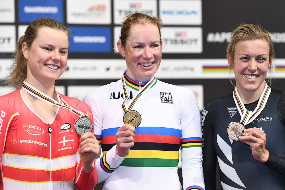 Silver medallist Demark's Amalie Dideriksen, Gold medal winner Netherland's Kirsten Wild and Bronze medallist New Zealand's Rushlee Buchanan pose on the podium after taking part in the women's omnium