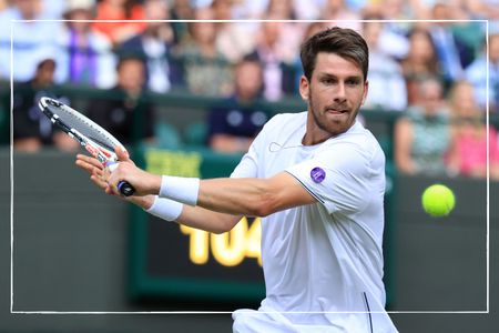 a clsoe up of Cameron Norrie playing at Wimbledon