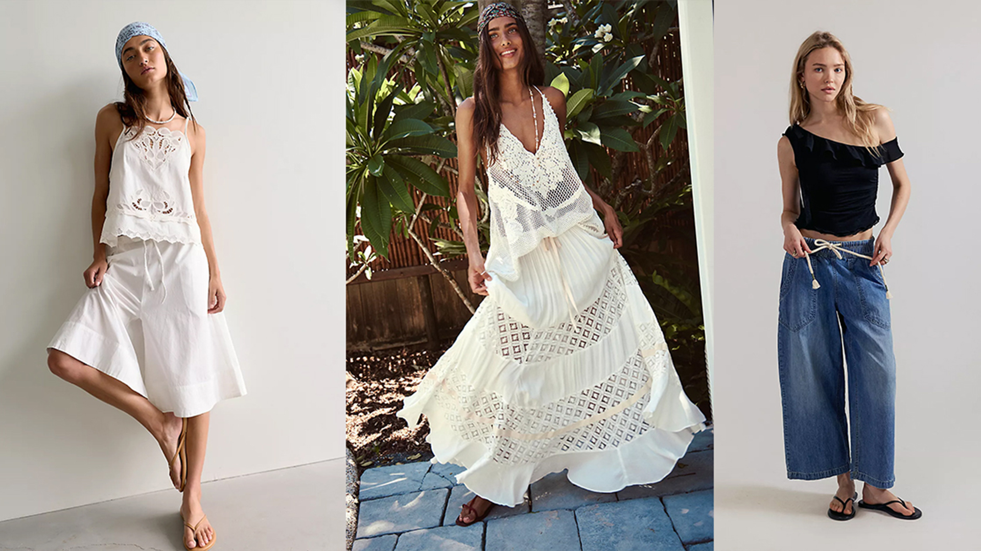Models wear FP. One wears a white pants set. The next wears a white skirt set, and the last one wears lightweight drawstring denim and a black top. 