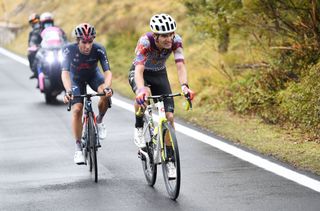 ROCCARASO ITALY OCTOBER 11 Ruben Guerreiro of Portugal and Team EF Pro Cycling Jonathan Castroviejo of Spain and Team INEOS Grenadiers Breakaway during the 103rd Giro dItalia 2020 Stage 9 a 207km stage from San Salvo to Roccaraso Aremogna 1658m girodiitalia Giro on October 11 2020 in Roccaraso Italy Photo by Tim de WaeleGetty Images