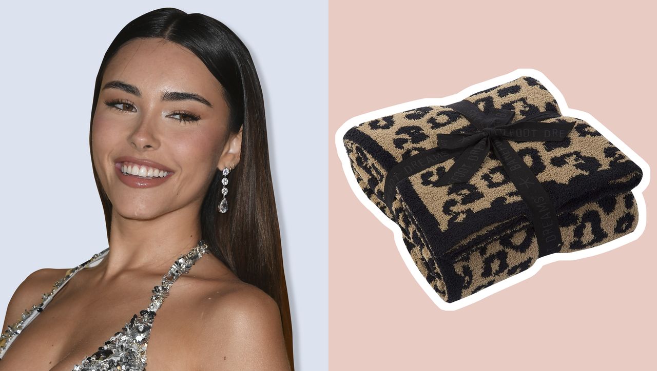 A collage of Madison Beer and her leopard print Barefoot Dreams blanket on a pastel pink background