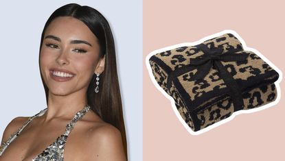 A collage of Madison Beer and her leopard print Barefoot Dreams blanket on a pastel pink background