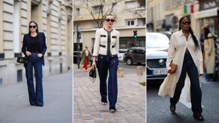 A composite of street style influencers showing jeans be business casual dark wash jeans