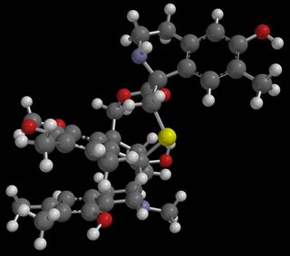 A ball and stick figure of a molecule. 