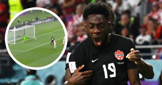 Alphonso Davies scores Canada&#039;s first-ever World Cup goal: Alphonso Davies of Canada celebrates after scoring their team&#039;s first goal during the FIFA World Cup Qatar 2022 Group F match between Croatia and Canada at Khalifa International Stadium on November 27, 2022 in Doha, Qatar.