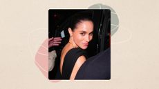 Image of Meghan Markle looking over her shoulder at the camera with brunette hair in an updo and wearing a black dress, on a beige background with pink and green graphics