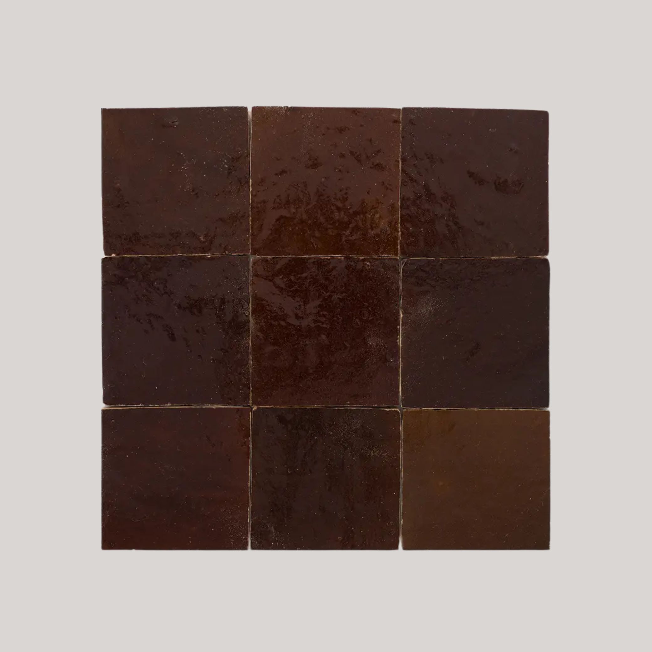 9 Terra Bella Interiors Oak Zellige Tiles sat against a pale gray background.