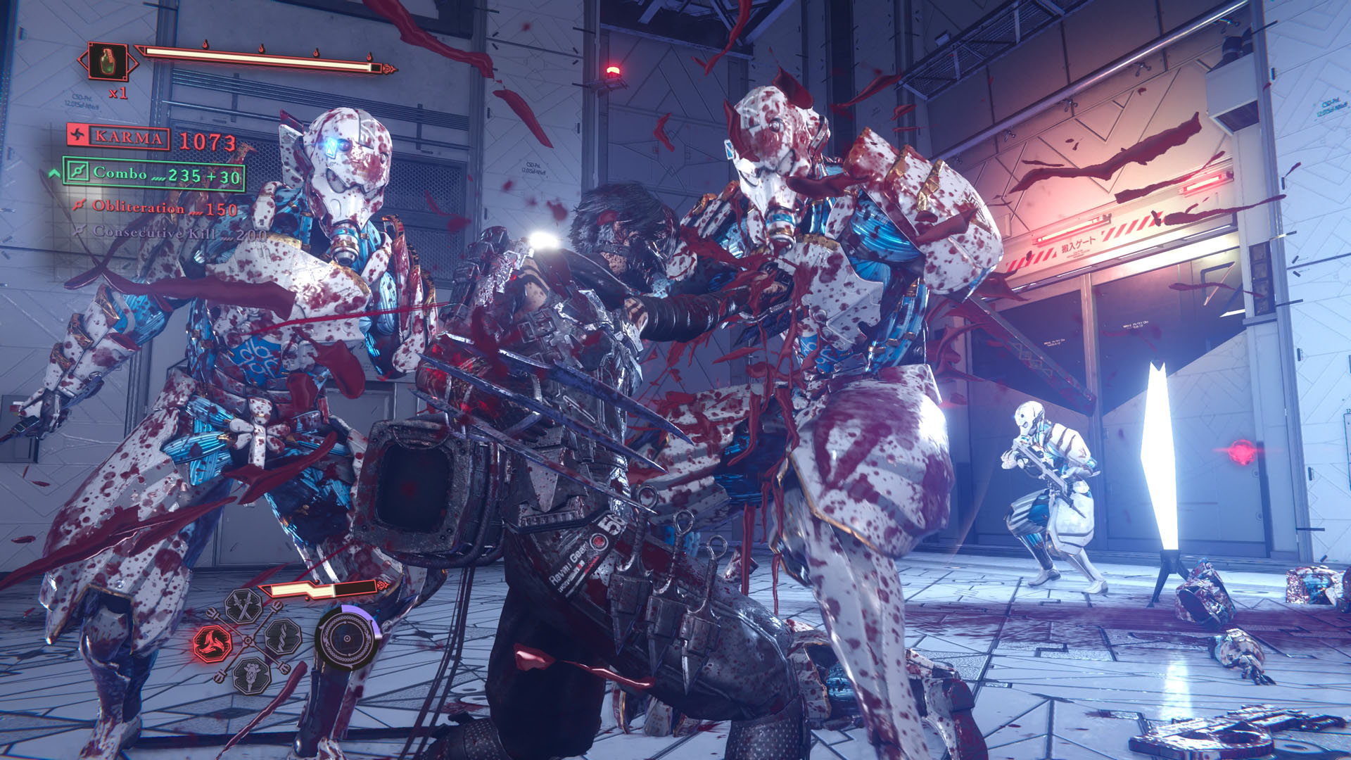 Yakumo finishes off a DDO soldier with a brutal finishing move, with heaps of blood and gore