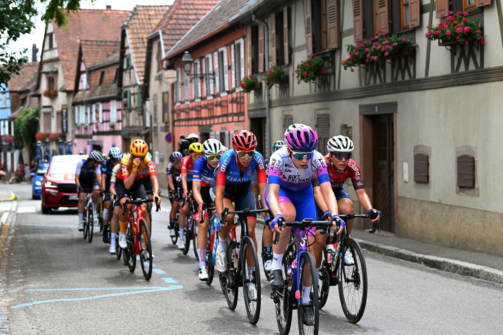 ROSHEIM FRANCE JULY 29 LR Sandra Alonso Dominguez of Spain and Ceratizit Wnt Pro Cycling Team Ruby RosemanGannon of Australia and Team Bikeexchange Jayco and Tamara Dronova of Russia and Team Roland Cogeas EdelweissIsraelPremier Tech compete in the breakaway passing through Heiligenstein Village during the 1st Tour de France Femmes 2022 Stage 6 a 1286km stage from SaintDidesVosges to Rosheim TDFF UCIWWT on July 29 2022 in Rosheim France Photo by Dario BelingheriGetty Images