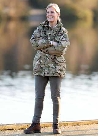 Sophie, Countess of Wessex watches the rafting challenge as she attends the Countess of Wessex Cup at Gibraltar Barracks on February 7, 2023 in Camberley, England