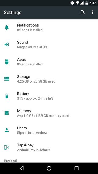Android N Developer Preview settings menu