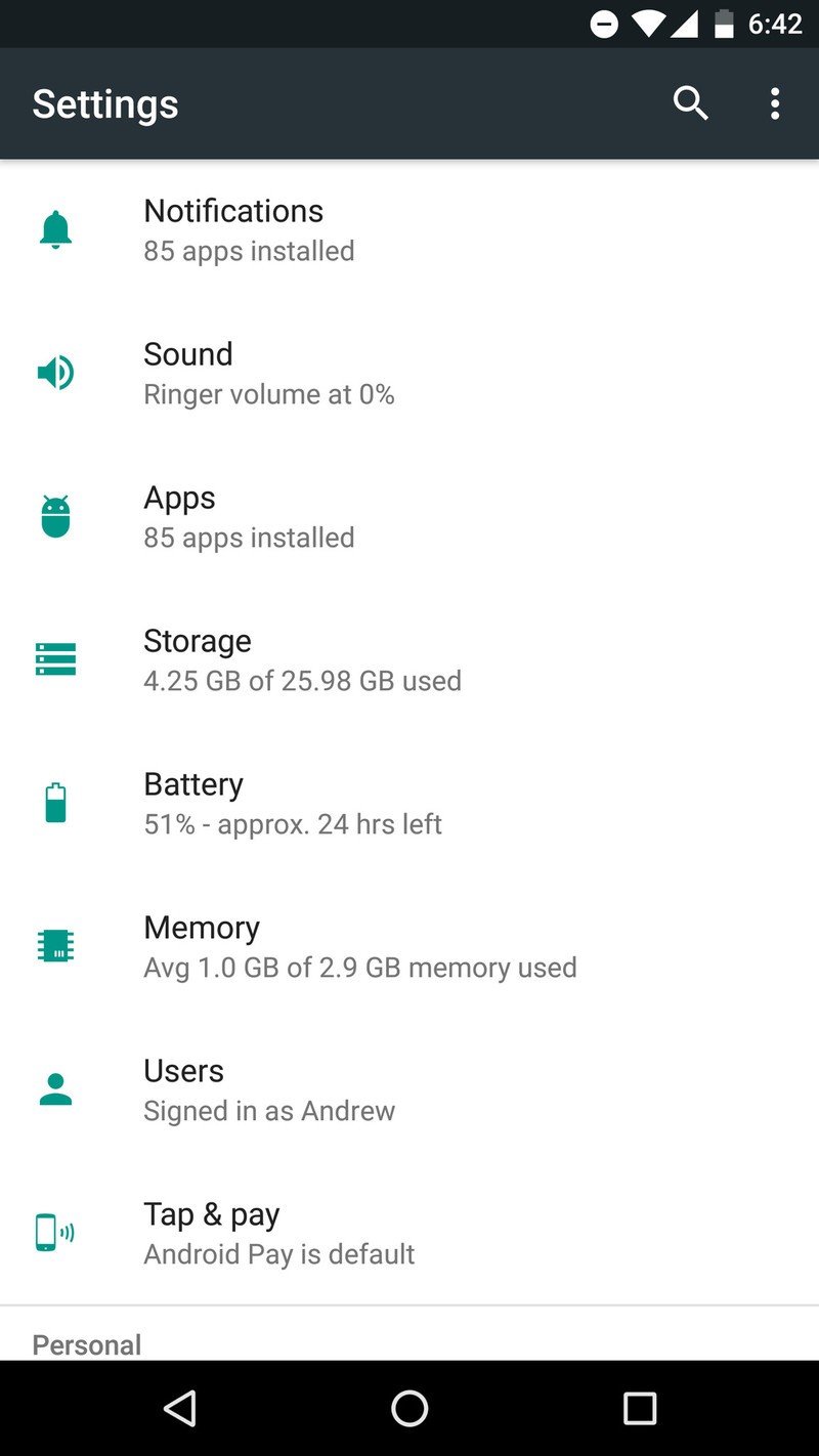 Android N Developer Preview settings menu