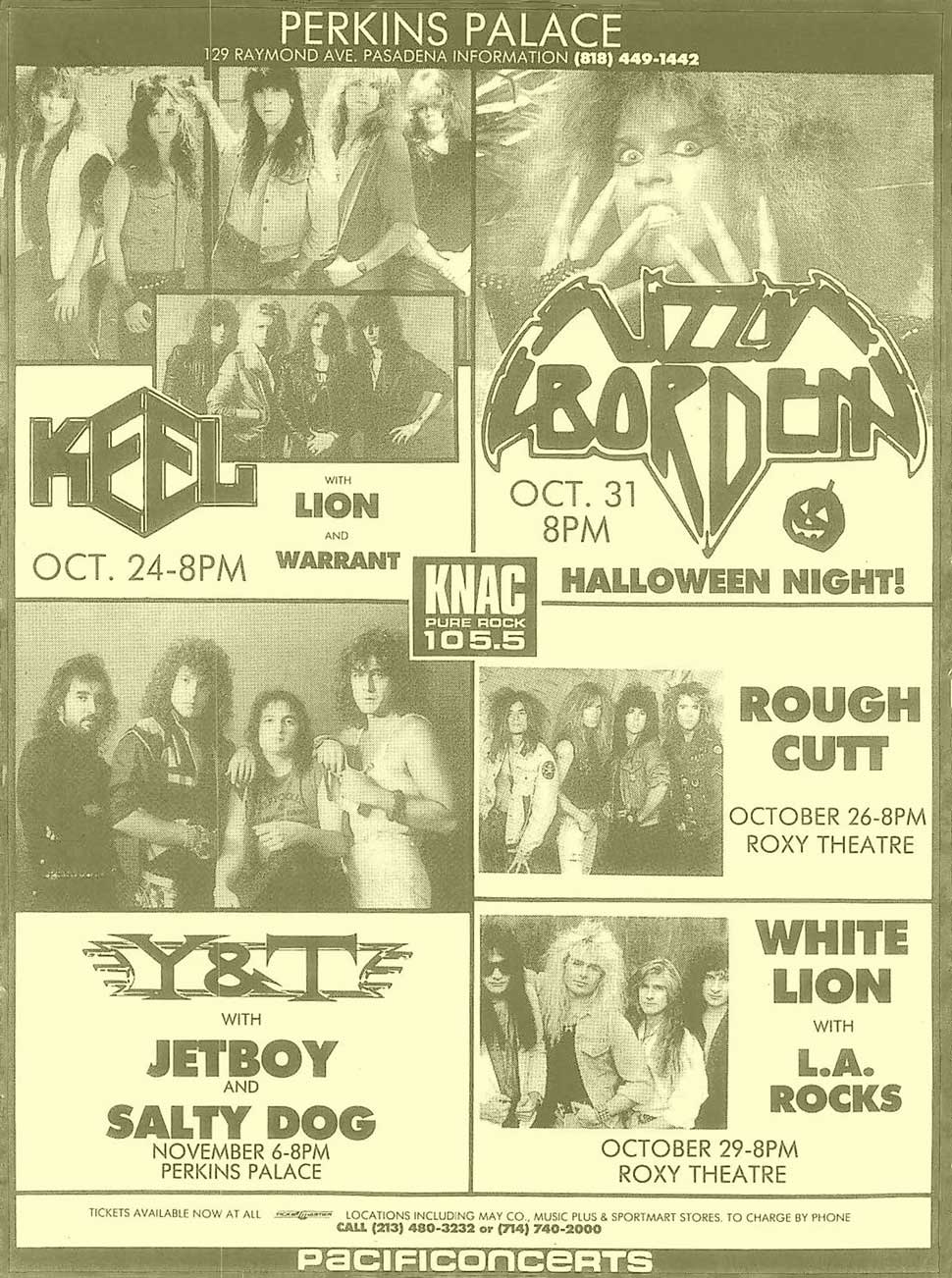 Perkins Palace gig flier from 1984 featuring Keel, Lizzy Borden, Y&T, Rough Cutt and White Lion