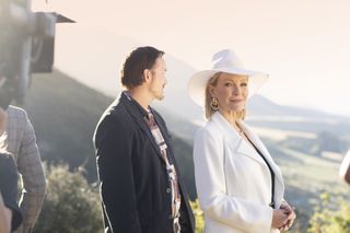 On location. Rebecca Gibney with co-star Cohen Holloway.