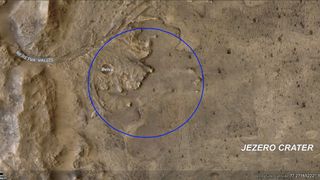 The NASA team is targeting a certain area in Jezero Crater (blue ellipse) for landing. They chose the location with the mission of Perseverance in mind: They are seeking signs of ancient microbial life. To find those clues, Perseverance will collect samples of rock and regolith, or broken rock and dust.