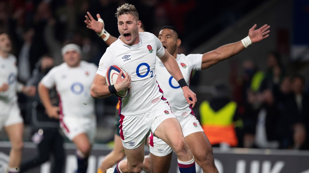 Freddie Steward celebrates scoring for England during the Autumn Nations Series match between England and Australia at Twickenham Stadium