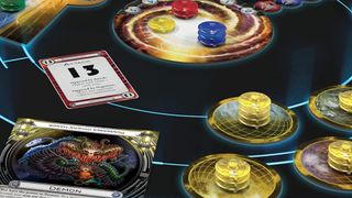 A collection of Cosmic Encounter boards and tokens against a starry sci-fi background