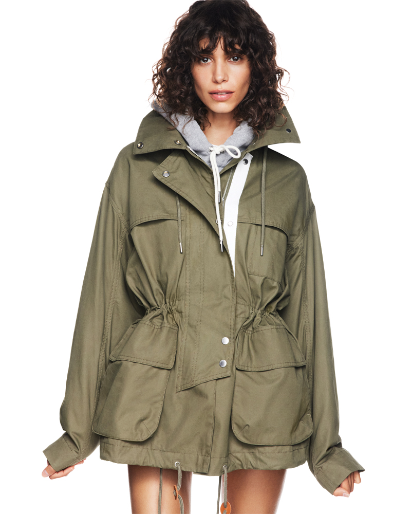 Model wearing Victoria Beckham x Gap khaki jacket