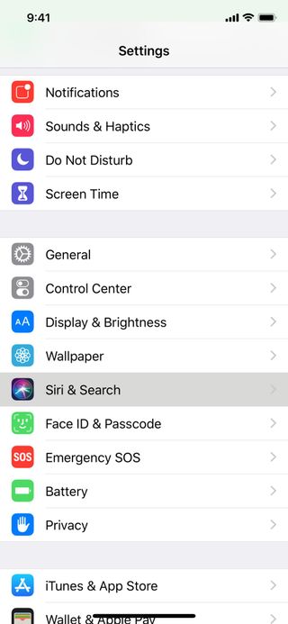 Settings screen showing where to find shortcuts within the Siri & Search section