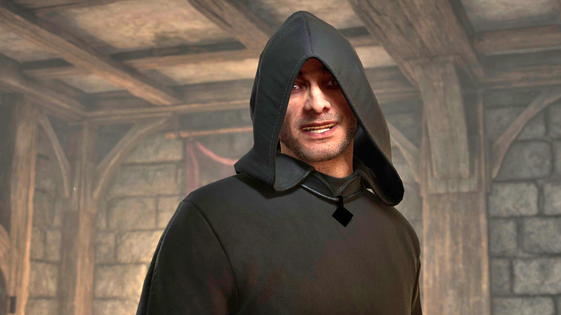 Lucien Lachance, a Dark Brotherhood member in a black hood and robes, gives a rictus grin into the camera.