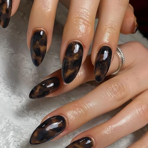 Kqueenest Brown Press on Nails Almond Medium, Amber Leopard Print Nails Press Ons, Marble Design Full Cover Tortoise Shell Fake Nails With Glue, Reusable Soft Gel Glue on Nails for Women 24 Pcs