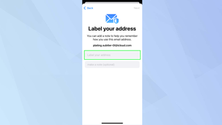 iOS Hide My Email app with Label your address highlighted