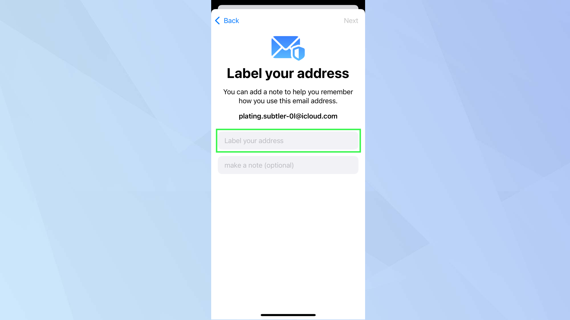 iOS Hide My Email app with Label your address highlighted