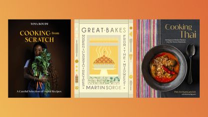 Book covers of 'Cooking from Scratch' by Toya Boudy, 'Great Bakes' by Martin Sorge, and 'Cooking Thai' by Pim Techamuanvivit and Andrea Nguyen