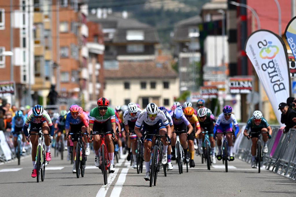 MEDINA DE POMAR SPAIN MAY 18 LR Elisa Balsamo of Italy and Team TrekSegafredo and Lorena Wiebes of The Netherlands and Team SD Worx sprint at finish line during the 8th Vuelta a Burgos Feminas 2023 Stage 1 a 1156km stage from Quintanaortuo to Medina de Pomar UCIWWT on May 18 2023 in Medina de Pomar Spain Photo by Dario BelingheriGetty Images