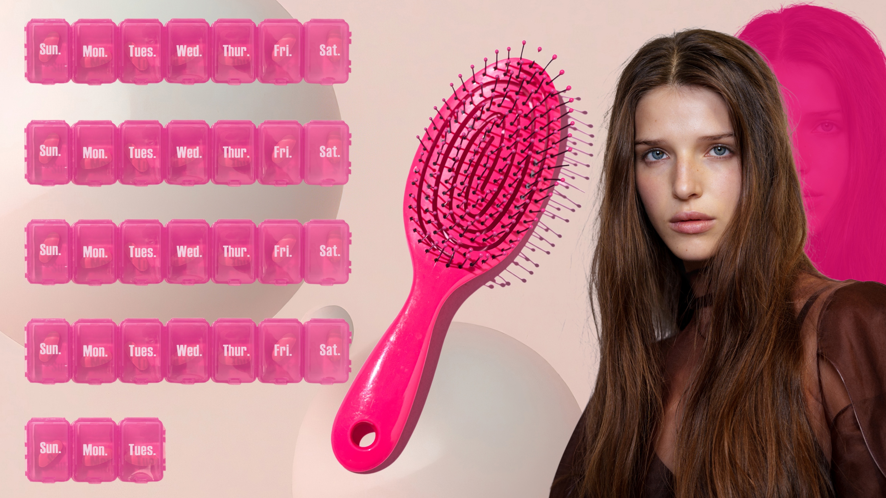 woman with great hair next to a hairbrush and. pill box