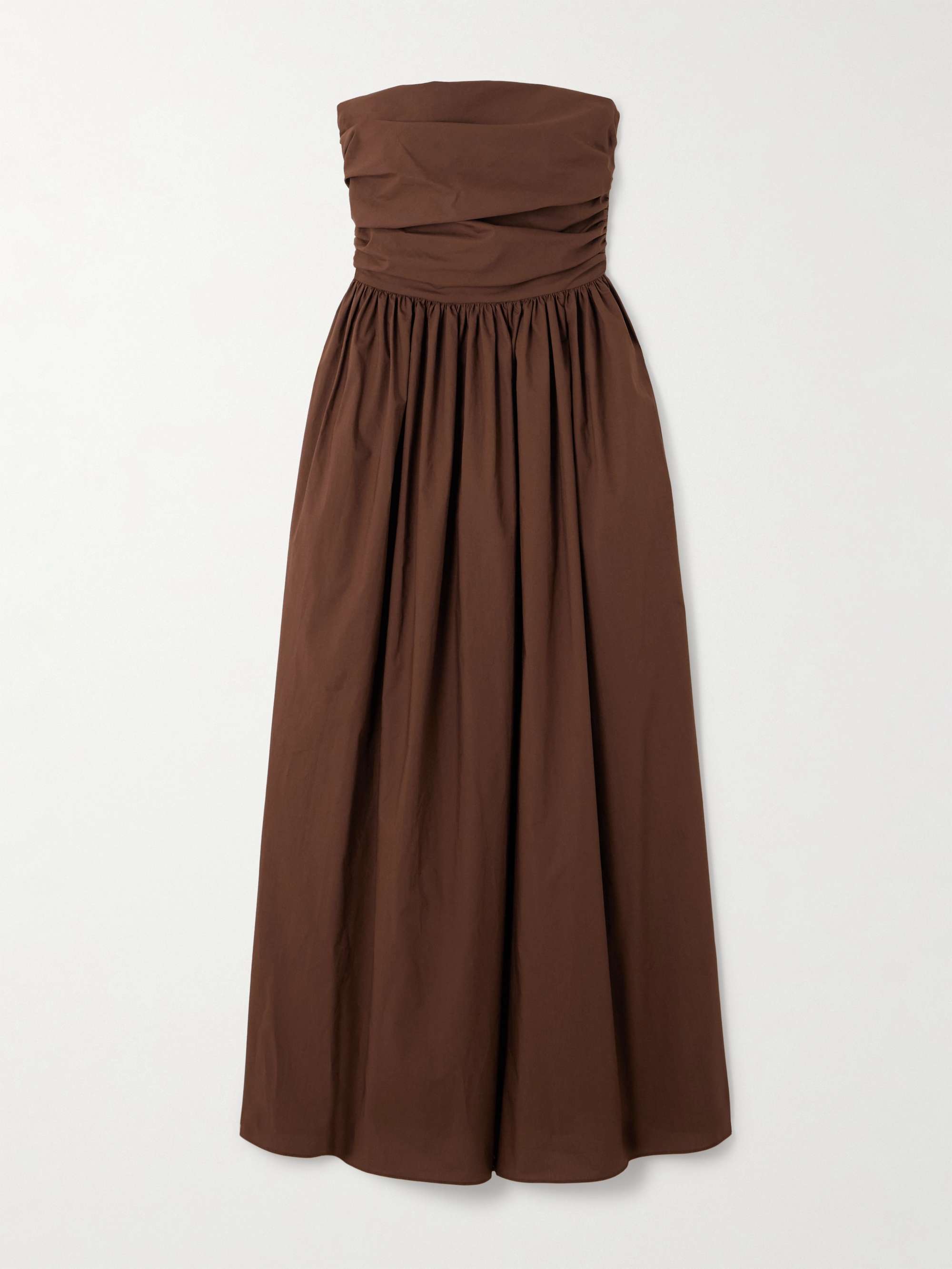 Strapless Gathered Organic Cotton-Poplin Midi Dress