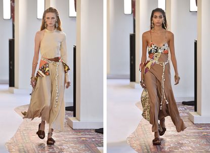 Models wear creme dress with scarf belt and brown dress with floral silk bra