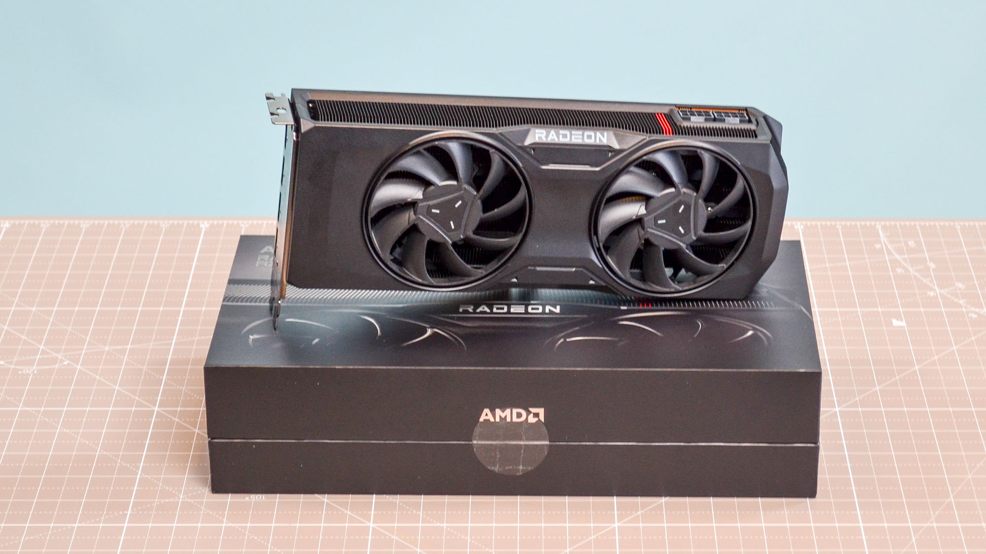 An AMD Radeon RX 7800 XT on a table