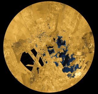 Lakes are visible on the surface of Titan, Saturn's largest moon, in this image created using data from NASA's Cassini spacecraft.
