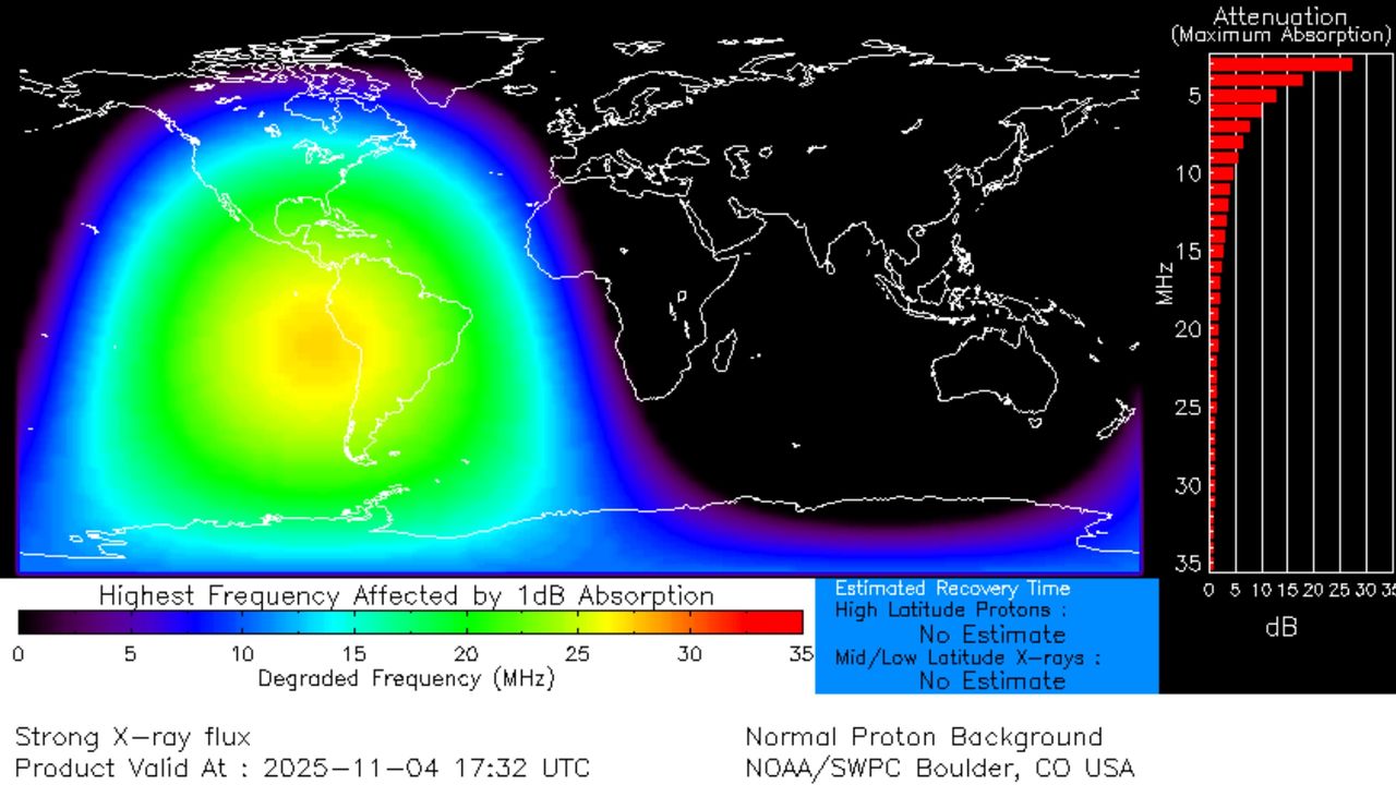 Map showing radio blackouts across the Americas. The blackouts were triggered by the X1.8 solar flare on Nov. 4, 2025.