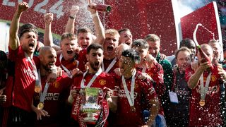 Captain Bruno Fernandes and the Manchester United team celebrate winning the 2024 FA Cup.