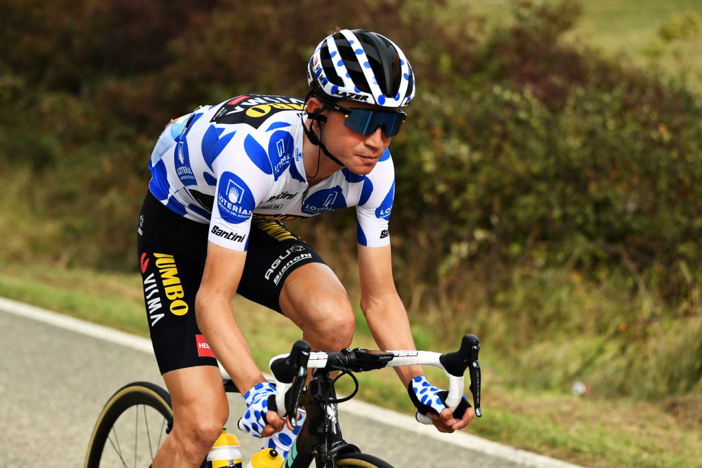 LEKUNBERRI SPAIN OCTOBER 21 Sepp Kuss of The United States and Team Jumbo Visma Polka Dot Mountain Jersey during the 75th Tour of Spain 2020 Stage 2 a 1516km stage from Pamplona to Lekunberri lavuelta LaVuelta20 La Vuelta on October 21 2020 in Lekunberri Spain Photo by David RamosGetty Images