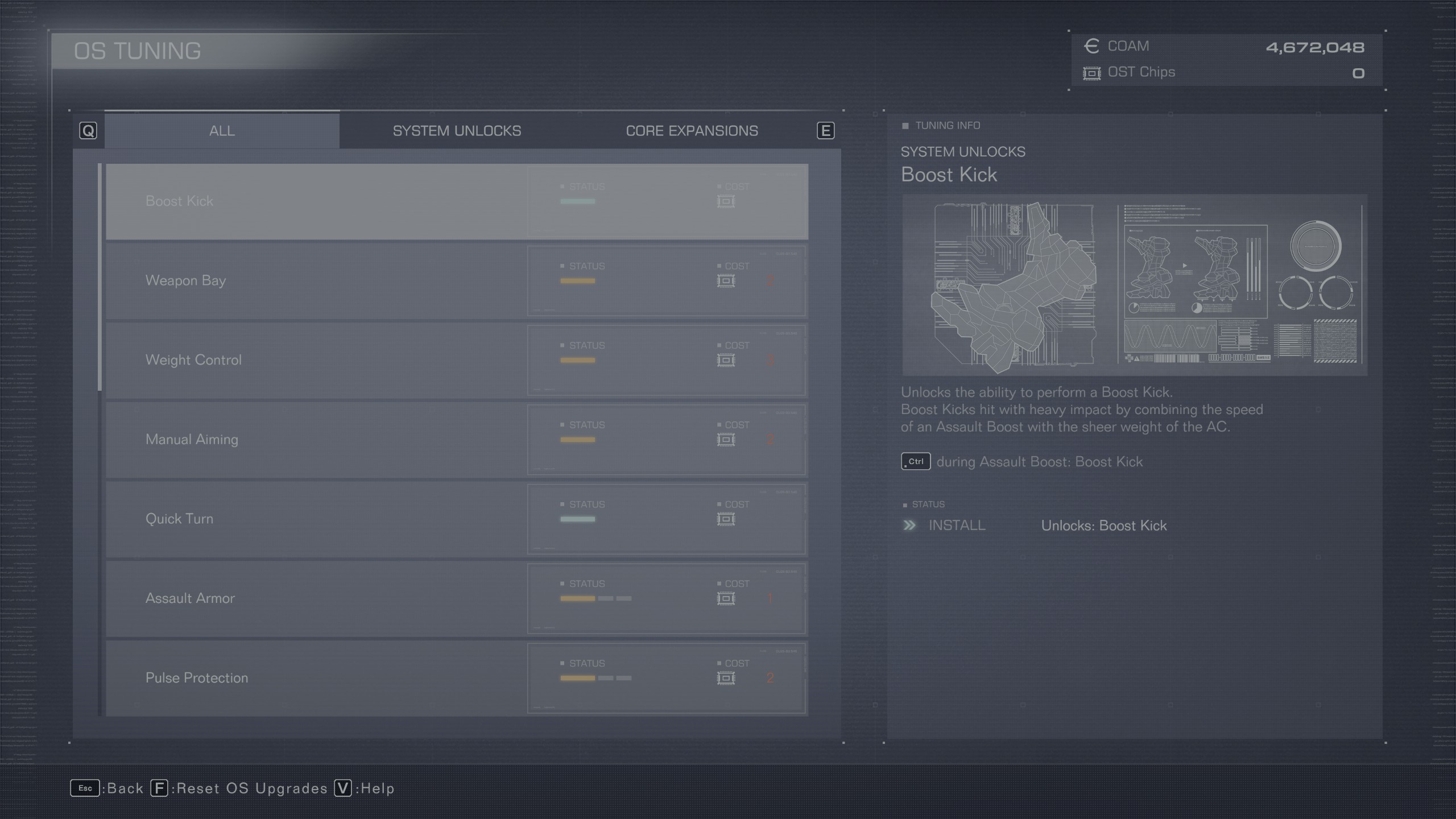 Armored Core 6 Boost Kick in OS Tuning menu