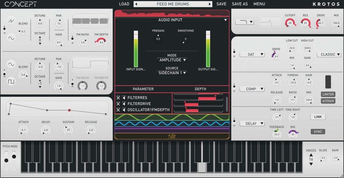 Impose the rhythm or pitch of any sound on Concept’s synthesis parameters using the Audio Input modulator.