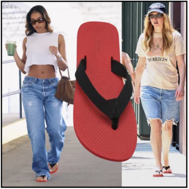 collage of Lori Harvey and Jennifer Lawrence wearing flip-flops from The Row 