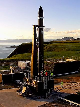 Rocket Lab's Electron rocket on the pad at the company's New Zealand launch site during tests prior to this month's planned launch.